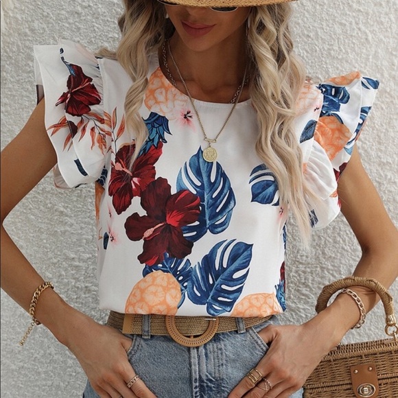 Boho Floral Tropical Print Butterfly Sleeve Top Blouse - Picture 3 of 4